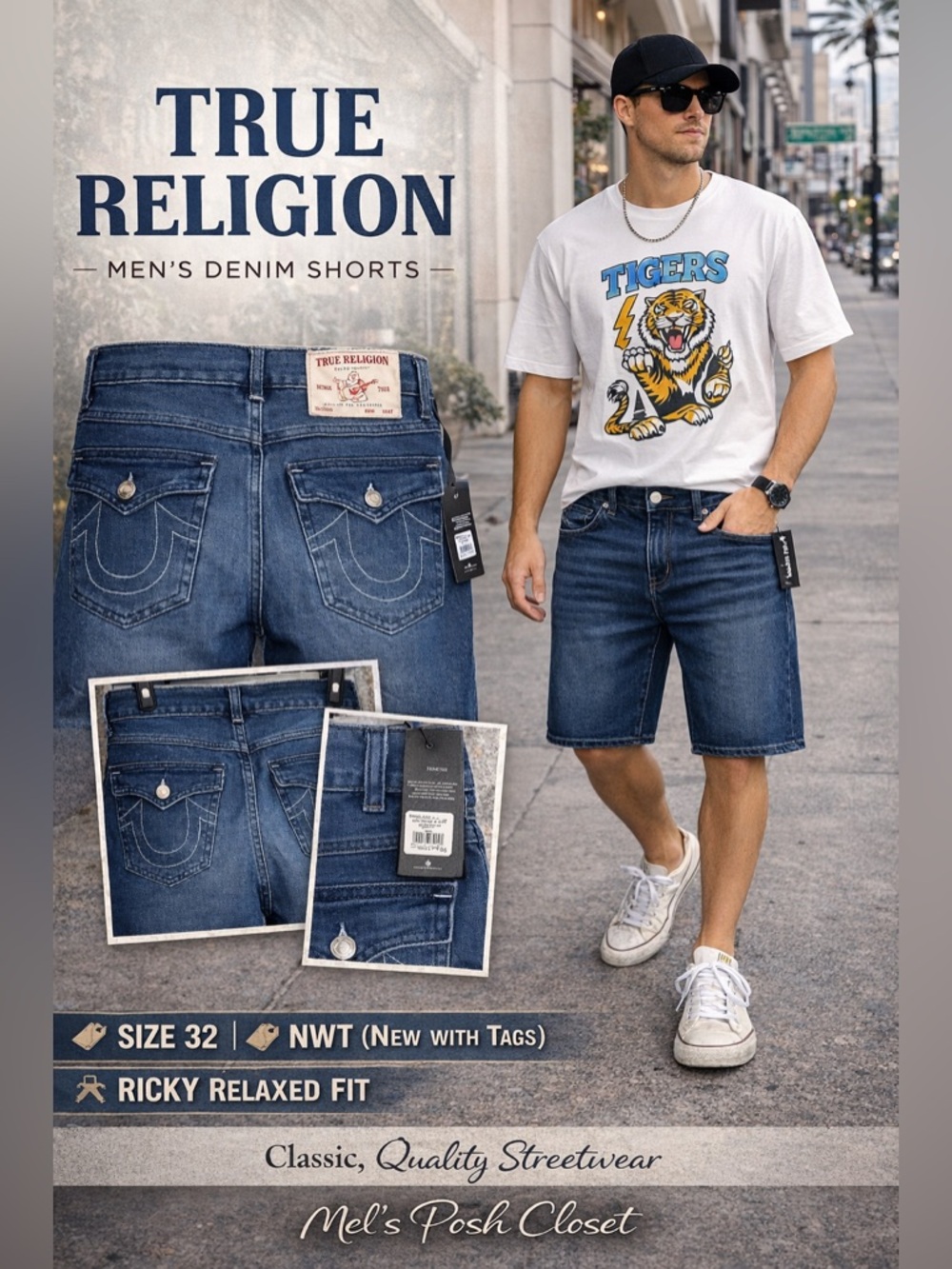 🚨True Religion Ricky SN Flap Denim Shorts – Dark Lagoon Wash –NWT